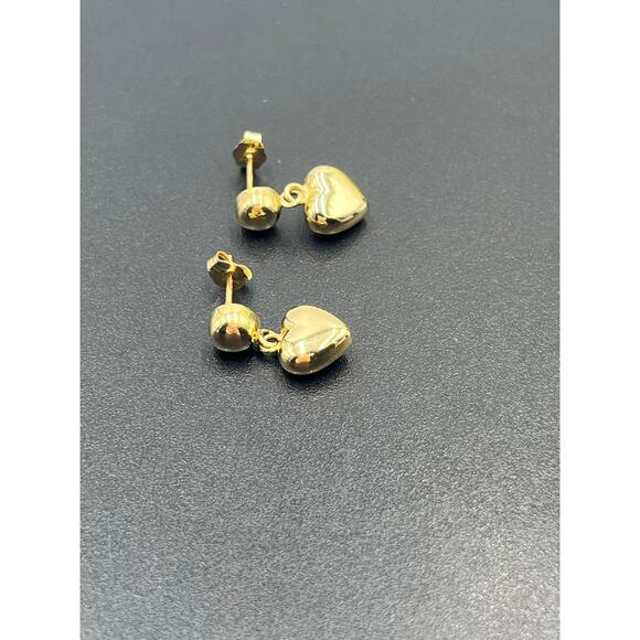 CJT 14k Marked 3D Puff Heart Drop Dangle Pierced Polished Yellow Gold Earrings - Picture 4 of 12